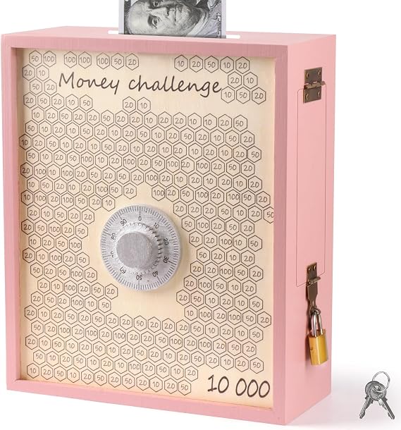 10000 Money Saving Box with Lock, Large Wooden 10k Savings Challenge Box $10,000 Reusable Coin Money Challenge Cash Pink Saving Box Saver Tracker Number Piggy Bank for Adults Kids, Pink