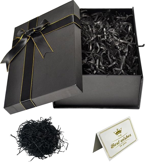 Gift Boxes with Lids Black 25x18x8.5cm, Foldable Present Box | Includes Ribbon, Greeting Card, Shredded Paper, for Weddings, Birthdays, Anniversaries, Christmas, Halloween, Sturdy,Reusable