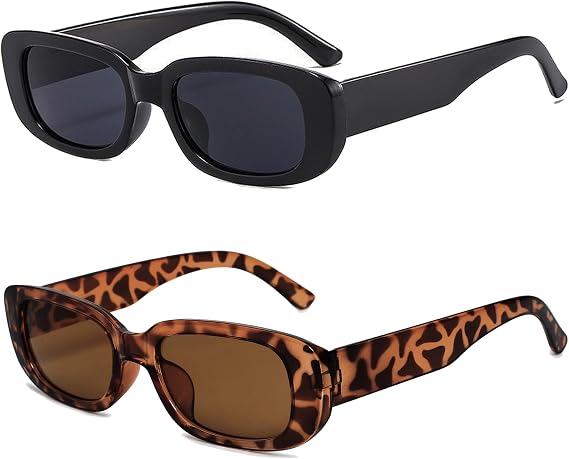 2 Pack Rectangle Sunglasses Retro Y2K 90s Sunglasses for Women Men | Vintage Trendy Glasses Narrow Square Frame UV400 Protection