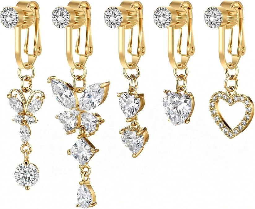 Ymapinc Gold Clip On Fake Belly Button Piercing for Women, Non Piercing Belly Ring Set, Butterfly Heart Shaped Jewelry