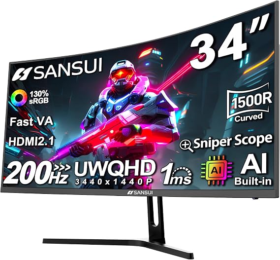 SANSUI 34-Inch Curved Gaming Monitor UWQHD 3440 x 1440P Up to 200Hz Curved 1500R - PIP/PBP, OD 1ms, HDR, 300nits, sRGB 130%, DCI-P3 97%,AI Crosshair,HDMI2.1x2,DP1.4(Cable Included)