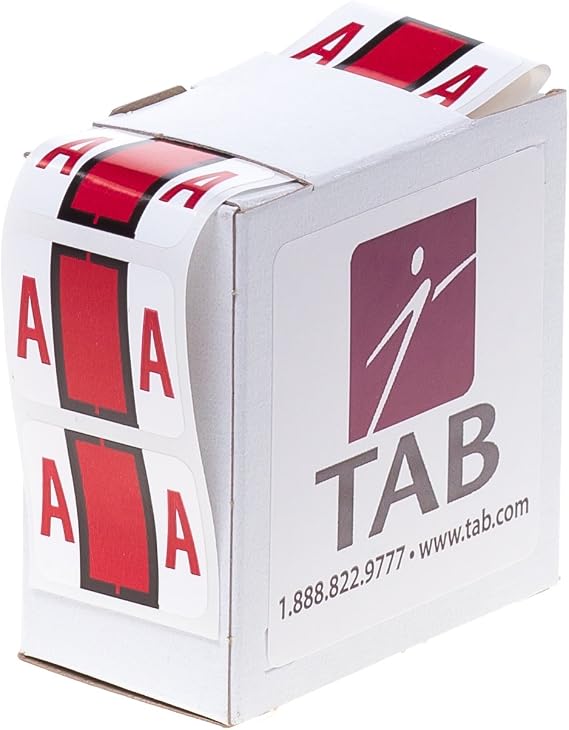 TAB Alphabetic Folder Label Roll, A, Red, 1", 500 Labels/Roll