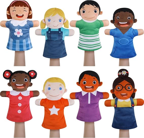 Poen 8 Pcs Hand Puppets Set for Kids Multicultural Hand Puppets Bulk Soft Plush for Toddlers Learning Interaction Suitable for Home Daycare School Classroom Role Play Fantoccini Theater Shows(Smile)