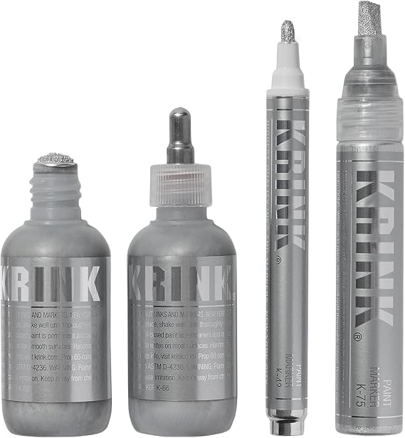 Krink Silver 4-Pc Marker Set - Multi-Surface Graffiti Markers with Alcohol-Based Paint - K-60 Mop, K-66 Ball-Point, K-42 Bullet-Tip, K-75 Chisel-Tip