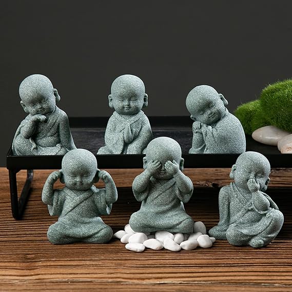 Dimleen 3/6Pcs Tiny Cute Baby Buddha Statue Monks Figurine Sandstone Smiling Sculptures Home Feng Shui Decor Creative Crafts Dolls Ornaments Delicate Buda Tiny Zen Little Bonsai Gifts 2.3IN (6pcs)