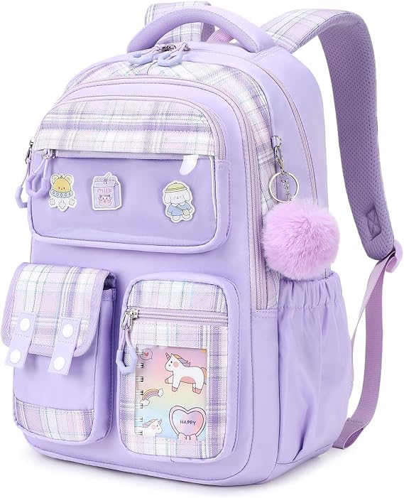 Girls School Backpack, Cute Kawaii Kids Rucksack for Primary School Students, Water Resistant Bookbag with Cartoon Pins & Pom Pom, Travel Bag with Luggage Strap