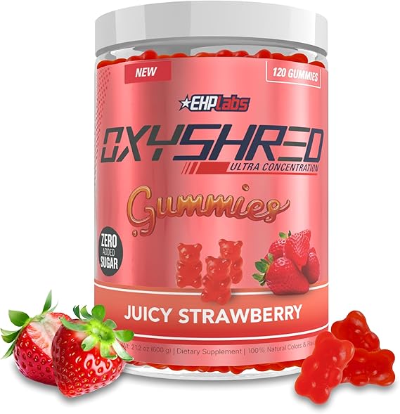 EHP Labs OxyShred Gummies - Pre Workout Gummies & Energy Chews with 100mg Caffeine, L-Carnitine for Thermo & Metabolic Support, All Natural Energy Boost - Strawberry Flavor 60 Servings