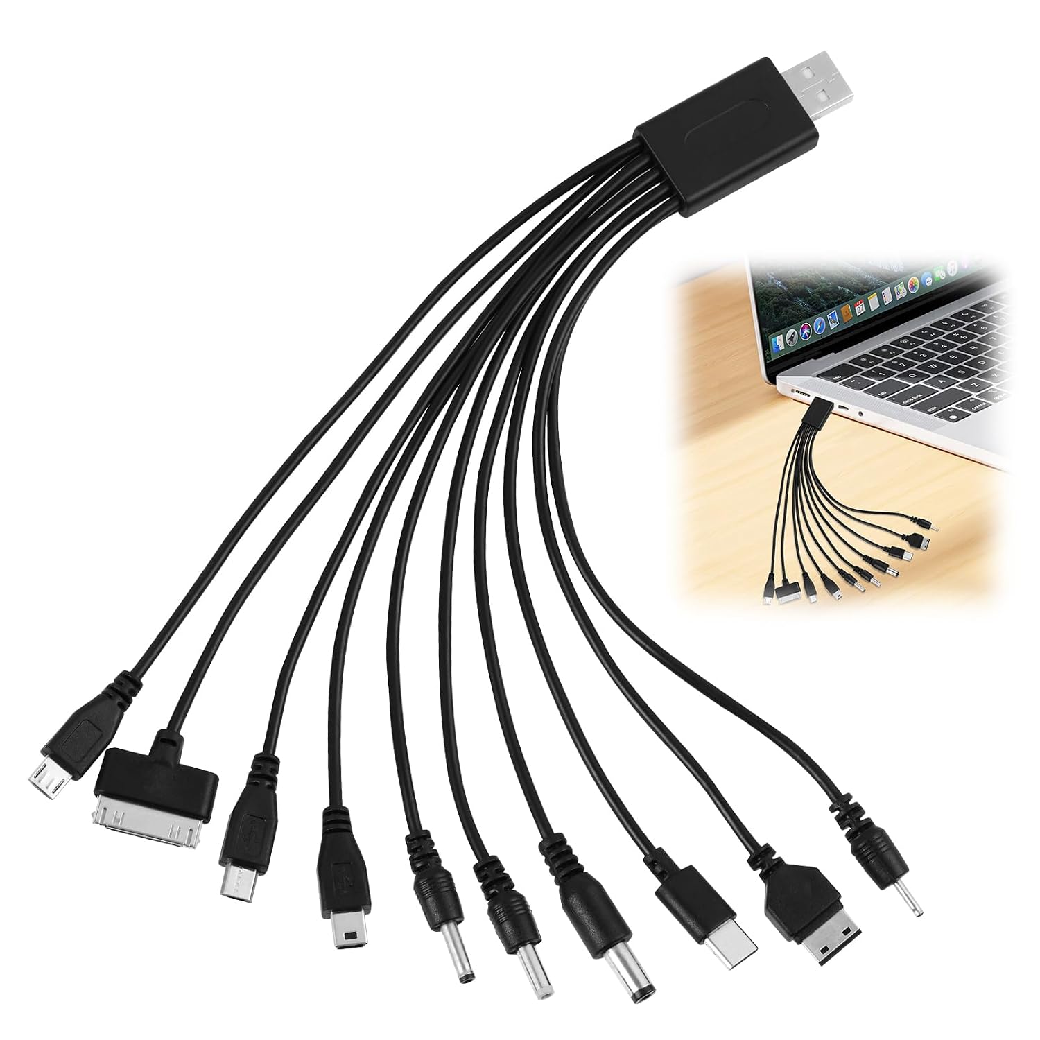 10-in-1 Universal Multifunctional USB Phone Charger Cable, 10 in 1 Universal Usb Cable, Multi Charging Cable with 10 Connectors for Smartphones, Tablets & More, Compatible with Various Devices Black