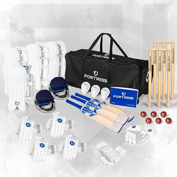 FORTRESS Cricket Team Kit Bundle | Premium Cricket Equipment Set with Kashmir Willow Bats, Protective Gear, Helmets, Stumps, Balls, More Ideal for Clubs, Schools, Teams