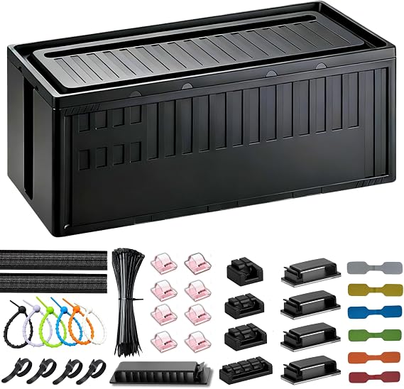 Cable Box - [142Pcs] Cable Management Kit, Medium Cord Hider Box to Conceal Power Strip Holder on Desk or Floor, Under Desk Cable Management Kit Cable Organizer Box, TV Cord Organizer Box, Black
