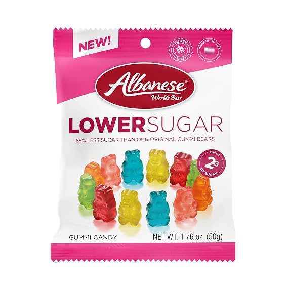 Albanese World's Best Lower Sugar Gummi Bears | 1.76oz of Candy | Gluten Free, Fat Free, Soft and Chewy Gummy Worms | Great for Sugar Conscious Adults and Kids and On The Go Snacking