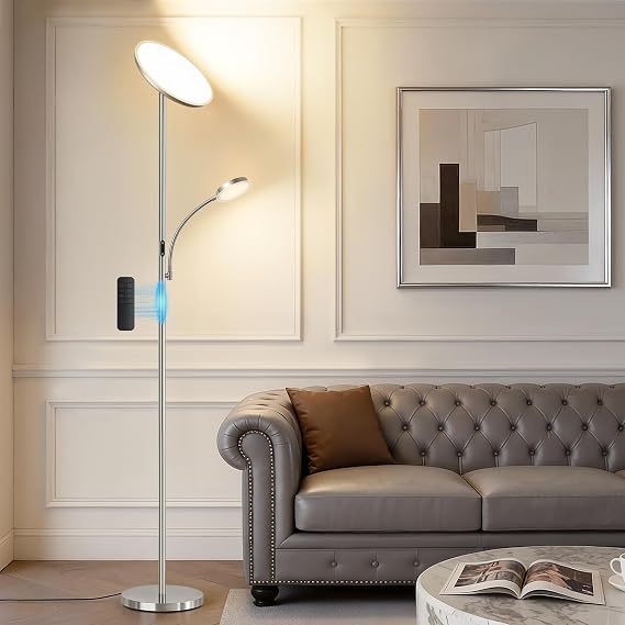 GyroVu LED Uplighter Floor Lamp, Modern Standing Lamp for Living Room | Reading Light with Remote & Touch Control, 3000K-6500K Color Temperature, Floor Lamps for Bedroom Office [Energy Class A]