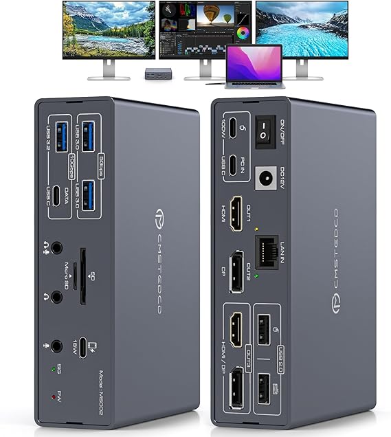 Thunderbolt Docking Station 4K@60Hz 3 Monitors for M1 M2 M3 M4 MacBook/Air with DisplayLink Technology,19-in-1 USB C Dock with 2 HDMI & 2 DisplayPort,PD 100W/USB 3.2 10G USB/Ethernet/Card Readers