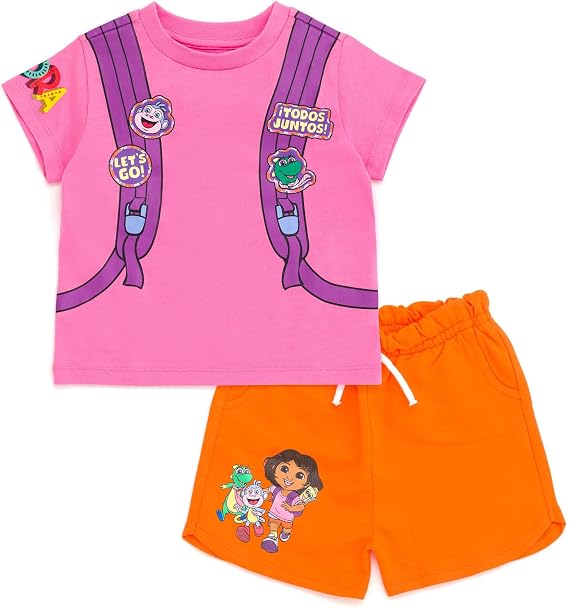 DORA Nickelodeon Girls Cosplay T-Shirt & French Terry Shorts Outfit Set Toddler to Little Kid Sizes (2T - 7-8)
