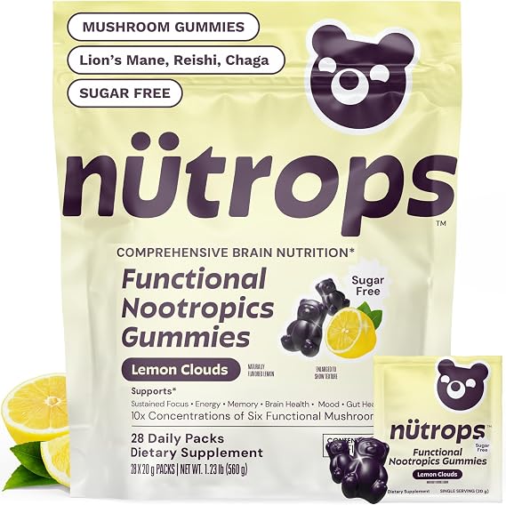 Nutrops Nootropics Mushroom Gummies for Brain Health, Sugar Free 28 ct | 1000mg of Mushrooms Including Lion's Mane, Chaga, Reishi, Cordyceps