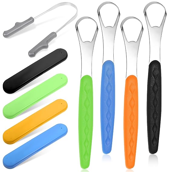 Healifty 4 Pack Tongue Scraper with U-Shaped Tongue Cleaner, Stainless Steel Tongue Scraper for Adults, Fresher Breath Metal Tongue Scrapers with Travel Cases