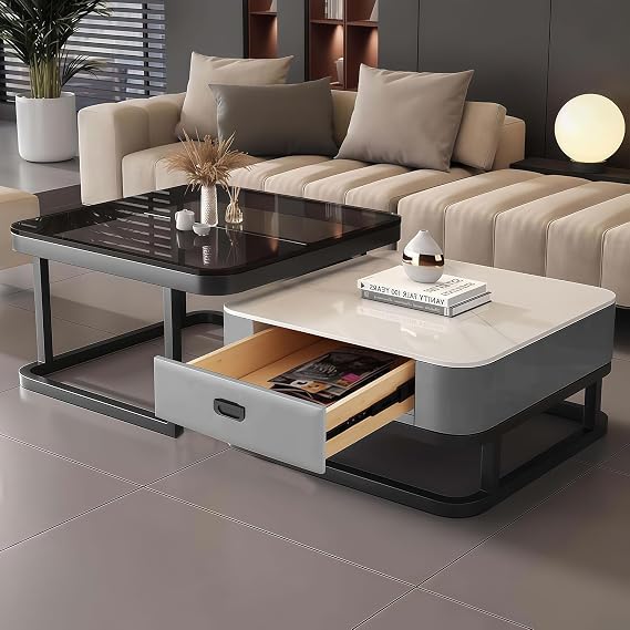 Nesting Coffee Table Set of 2,Wooden Nest of Tables with Storage Drawers, Side Table for Living Room, Multi-Functional Side Table with Metal Frame, /Living Room (Square gray)