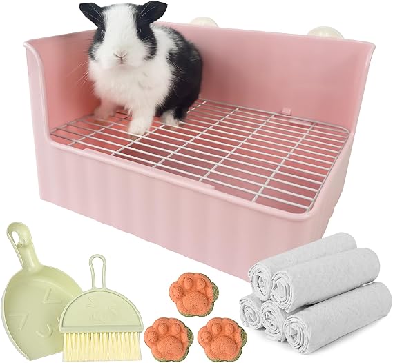 Large Rabbit Litter Box Bunny Potty Training Corner Litter Pan  with Liners Rabbit Pee Pads, Small Animal Bedding Toilet for Guinea Pig, Ferret, Hamster, Bunnies (Pink)