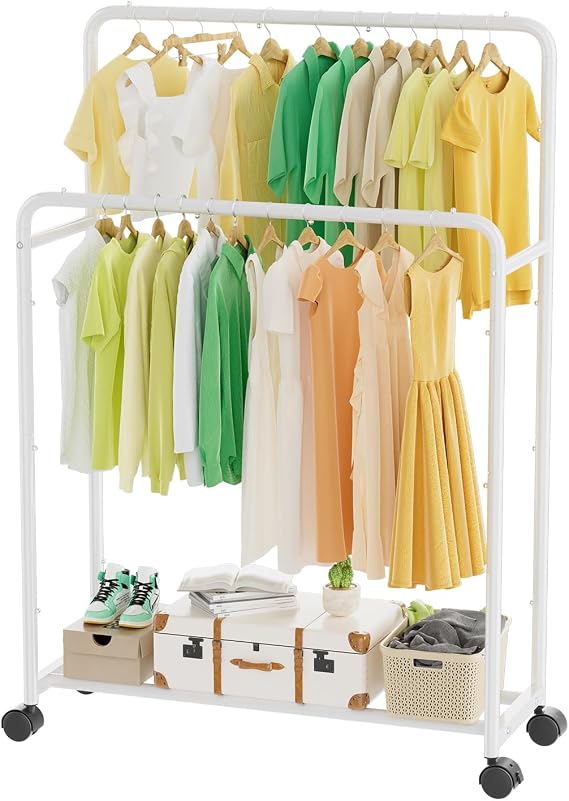 Simple Trending Clothing Clothes Rack, Double Rod Garment Rack, White