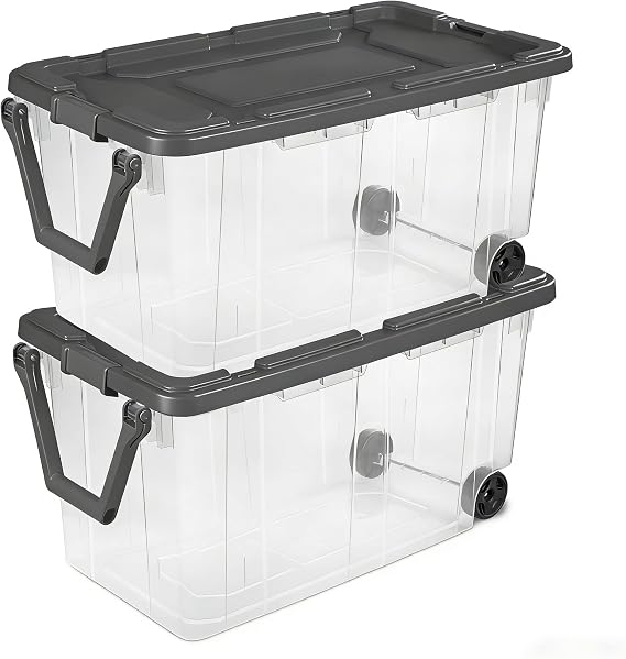 160 Quart Wheeled Stacker, Extra Large Durable Clear Bin, Latch Lid and Pull Handle, Gray, 2 Count