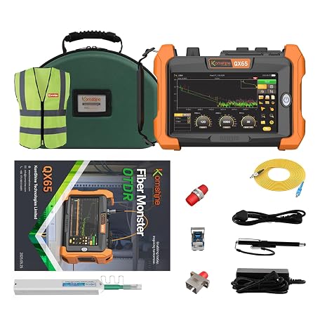 850 1300 1310 1550nm Single Mode Multi-Mode KOMSHINE OTDR QX65-MS w/iOLA One Click Intelligent Test + OPM OLS VFL Event Map+ RJ45+ 1: 32 Splitter CAT5 CAT6 FC/UPC Connector