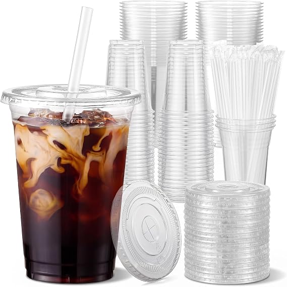 VITEVER 100 Sets - 12oz Clear Plastic Cups with Lids and Straws, Disposable Cups for Iced Coffee, Smoothie, Milkshake, Cold Drinks