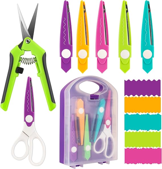 7 Pcs/Set Craft Scissors Decorative Paper Edge Scissors with Storage Box Set, 5 Kinds Zig Zag Edges Scissors Great for DIY Projects Paper Card,Photo, Scrapbook,Office School Home Manual (Violet)