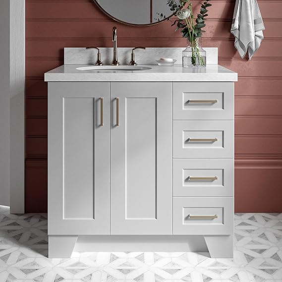 ARIEL Taylor 36-inch Bathroom Vanity with Sink,Solid Wood, 1.5-inch Italian Carrara Marble Countertop, Single Oval Porcelain Sink, Soft Closing Doors, Dovetail Drawers, Grey