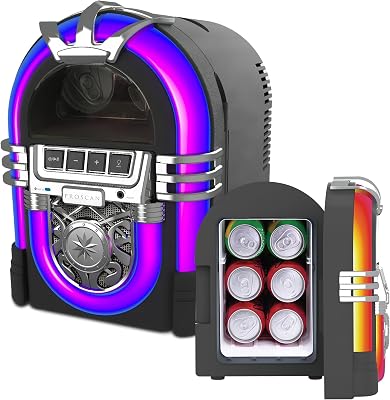 PROSCAN 6-Can Mini Personal Fridge Cooler, Built In Portable Speaker Jukebox Design – Home, Office or Dorm, Bluetooth Beverage Cooler with Removable Shelf – AC and Car Dual Power Cords