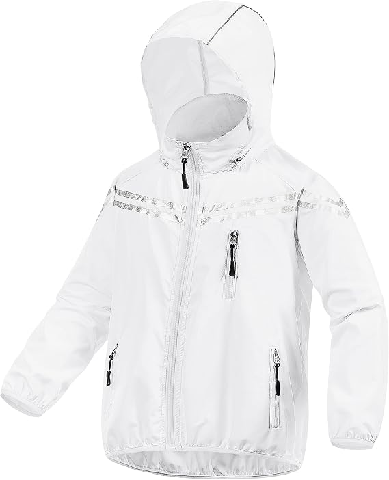 CREATMO US Boys Girls Rain Coat Kids Reflective Cycling Jacket Waterproof Packable Children Windbreaker With Removable Hood