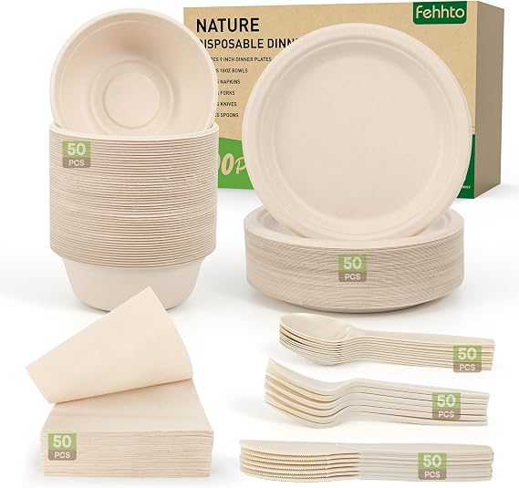 Disposable Paper Plates Set 300PCS Compostable Sugarcane Plates, Bowls