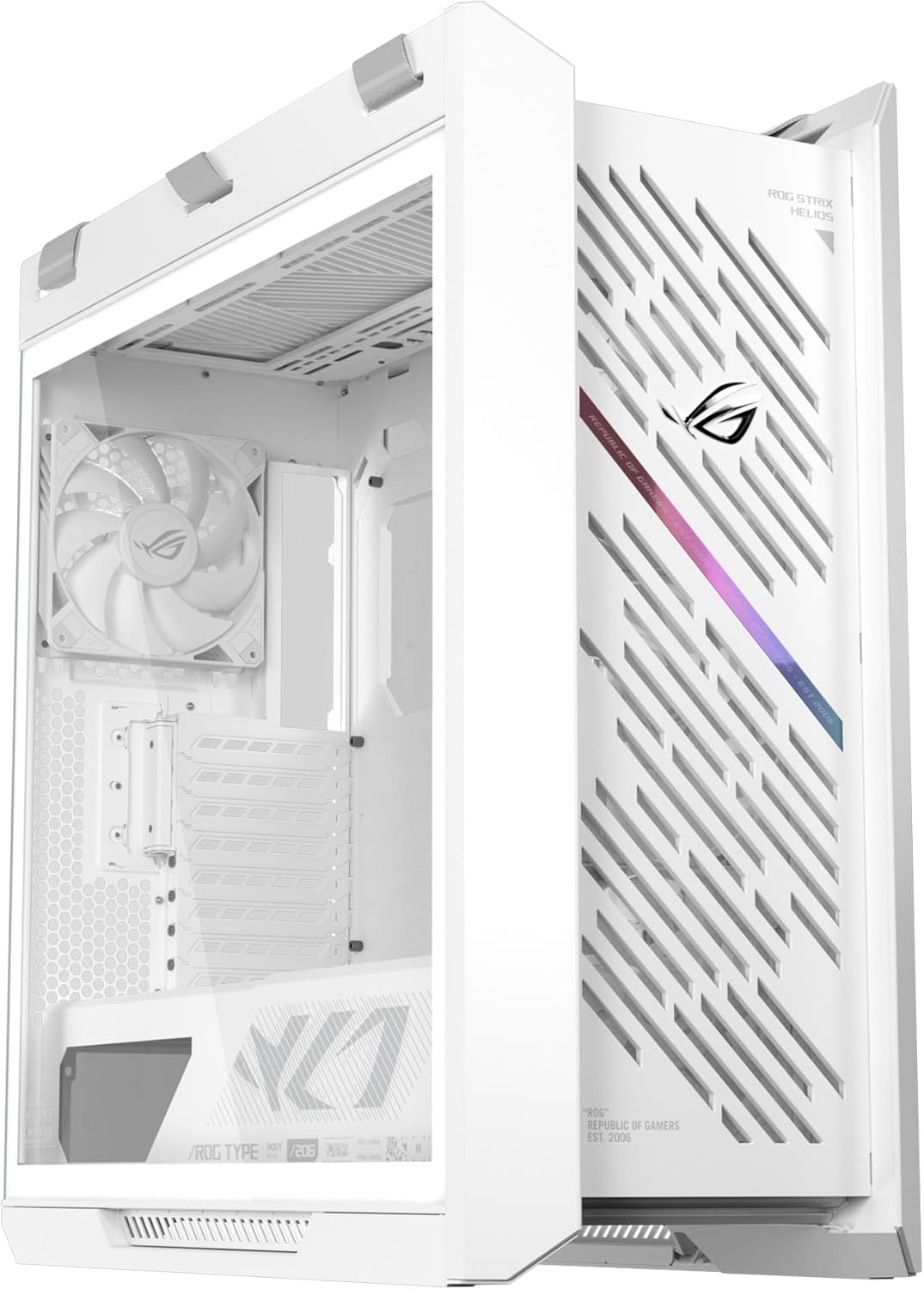 ASUS ROG STRIX HELIOS II, ÇİFT TEMPERLİ CAM PANEL, 450MM GPU DESTEĞİ, ALÜMİNYUM KASA ve ÖN PANEL, GPU DESTEK BRAKETLERİ ve 420MM RADYATÖR DESTEĞİ SUNAN EATX UYUMLU BİR MID-TOWER BEYAZ
