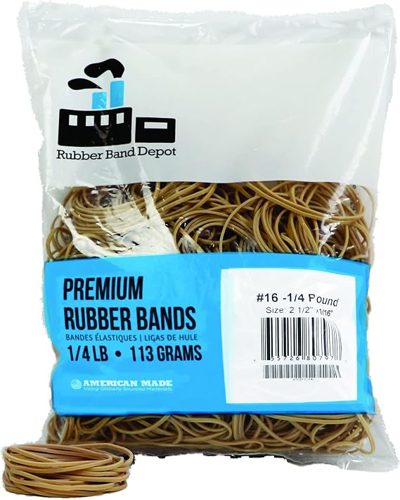 Rubber Bands, Size #16, Rubber Band Depot, Approximately 475 Rubber Bands Per Bag, Rubber Band Measurements: 2-1/2" x 1/16'' - 1/4 Pound Bag