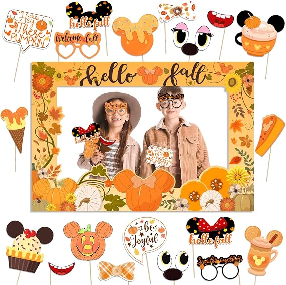 Haimimall Fall Decorations Pumpkin Mouse Fall Photo Booth Props Hello Fall Photo Frame& Fall Photo Props for Autumn Theme Thanksgiving Party Supplies, Orange