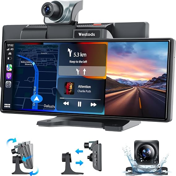 Portable Wireless Carplay Car Stereo with 2.5K Dash Cam - 9.3" HD IPS Screen, Android Auto, 1080p Backup Camera, Loop Recording, Bluetooth, GPS Navigation Head Unit, Car Radio Receiver