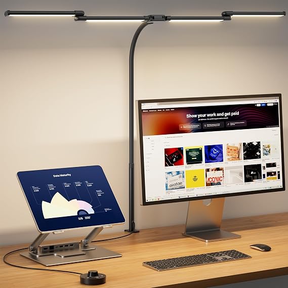 BOHON Desk Lamp for Home Office Dual Head 24W Swing Arm Task Lamp Black | LED Desk Light with Stepless Dimming & 5 Color Modes, USB-C Charging