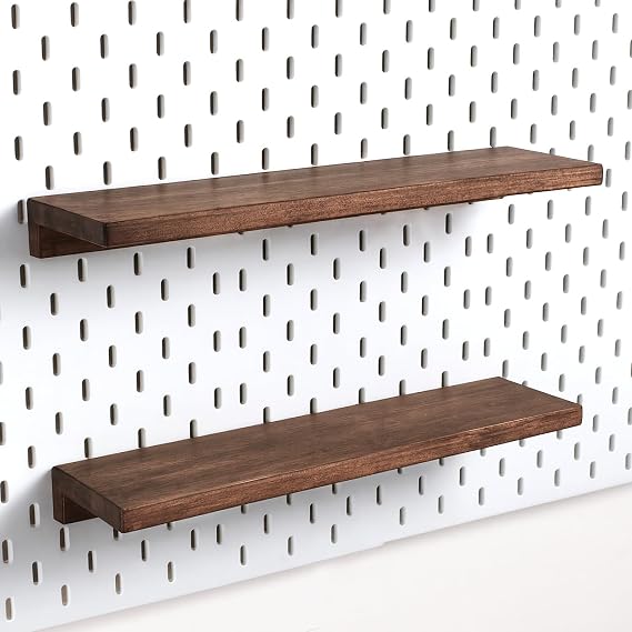 2 Pack Long Pegboard Shelf Fits IKEA Skadis Pegboard - 16" x 4" Solid Wood Wall Shelf Walnut Finish Organizer