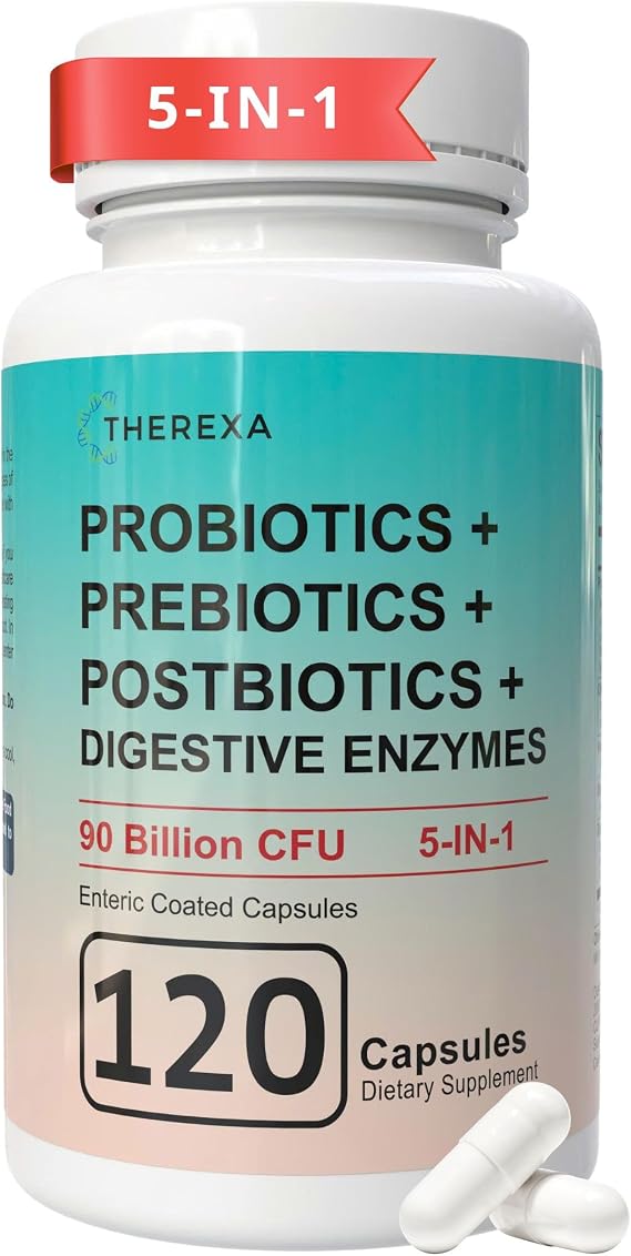 Probiotic Prebiotic Postbiotic Supplement - 90 Billion CFU, 5-in-1 Synbiotic (Pre Pro Post Biotics) with Digestive Enzymes for Women Men, Organic