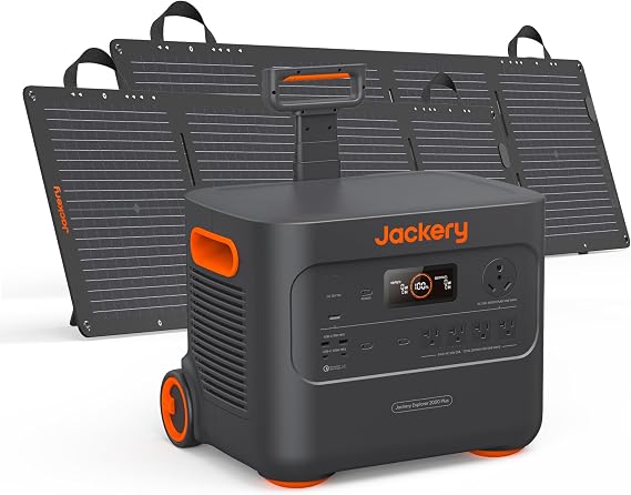 Jackery Explorer 2000 Plus Portable Power Station with 2x100Wmini Solar Panels, 2042Wh LiFePO4 Battery, 3000W AC Output, Expandable to 24kWh, 10-Year Lifespan, for Outdoor RV Camping and Emergency