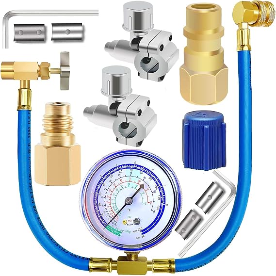 R134a AC Recharge Hose Kit with Gauge, R12 R22 Retrofit Adapter