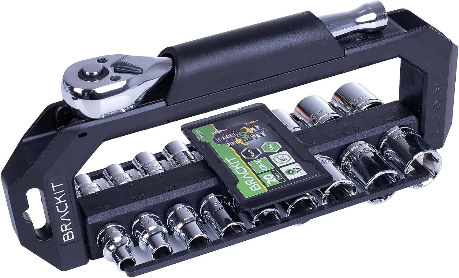 brackit Premium 20-Piece Heavy Duty Socket Set with Reversible Ratchet Handle, and Extension Bar - Professional Grade Automotive and DIY Tool Kit, Quick-Release Button