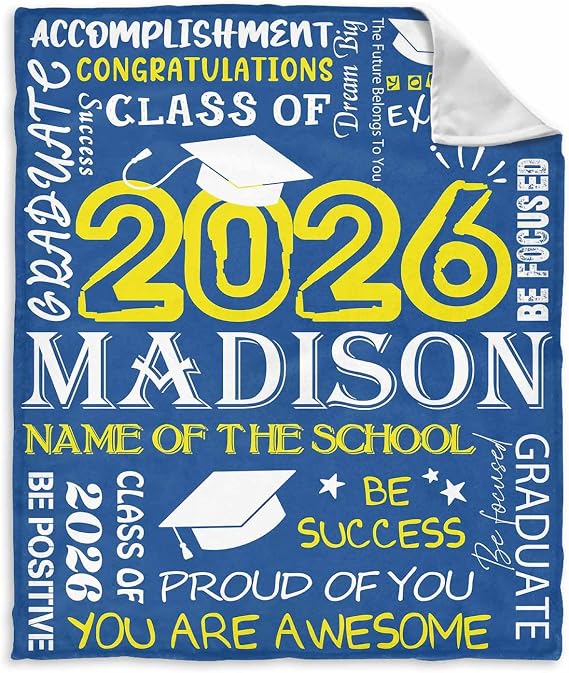 InterestPrint Personalized Graduate 2026 Bed Blanket with College Name Graduate Class of 2026 Blue Custom Name Graduation Blanket Gifts from Mom Dad for Son Daughter Teens Graduation 30x40 Inch