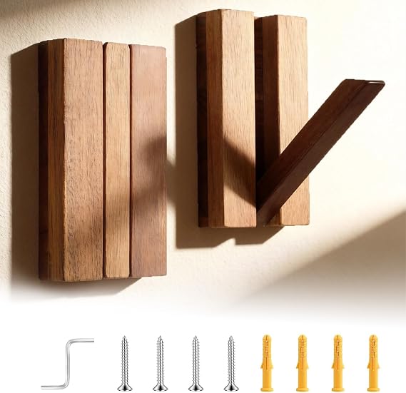 2 Pack Flip Down Wall Hooks，Foldable Wooden Rustic Coat Hooks Space Saving