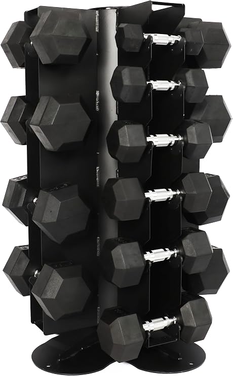 Signature Fitness 550LB Rubber Coated Hex Dumbbell Weight Set with Vertical and Spinnable Storage Rack, 5-50 lbs Pairs, Multiple Package