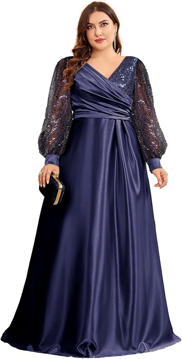 XUIBOL Plus Size Womens Satin Formal Dress Long Sleeves Sparkle Prom Dress for Party Or Wedding