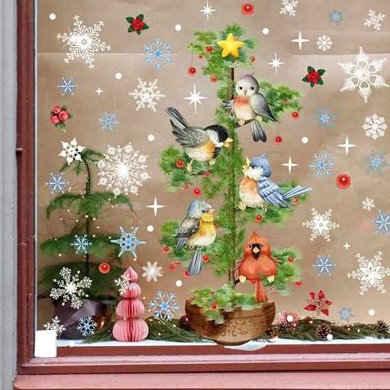 Christmas Winter Birds Window Clings for Glass Windows, Xmas Birds Tree Branch Double Sided Static Window Stickers Decals Decorations for New Year