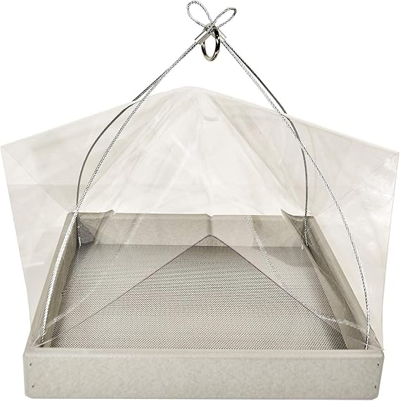 DutchCrafters Plastic Poly Large Square Hanging Bird Feeder with Mesh Seed Tray and Clear Covered Roof, Wild Songbird Feeder - Amish Made in America (Light Gray)