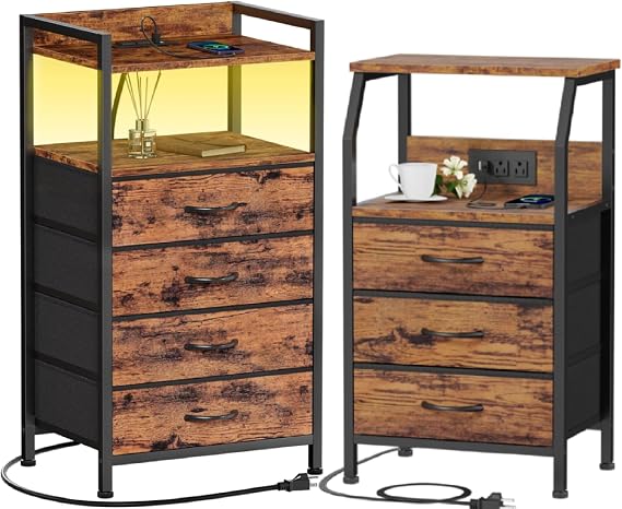 Dresser and Night Stand Sets, 4 Drawer Dresser for Bedroom + Night Stand with Charging Station