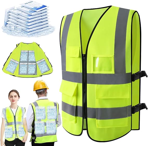 Cooling Vest with 24pcs Gel Ice Pack - Ice Safety Vest for Men Women | Adjustable Size High Visibility Reflective Cool Vest for Hot Weather Work
