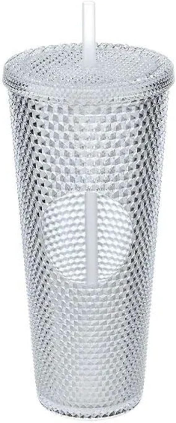 750 ml Kapaklı ve Pipetli Soğuk İçecek Bardağı – Mor Kristal Desenli Seyahat Kupası, Termal Yapı, Buzlu Doku, Buzlu Kahve Smoothie Bardak Taşınabilir Yazlık Plastik Bardak (Beyaz)